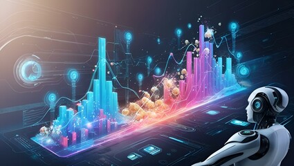Fototapeta premium A futuristic image depicts a robot observing holographic financial data visualizations, including graphs, charts, and market indicators. AIdriven analytics are suggested.