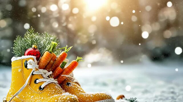 Yellow boots filled with carrots and greenery in snowy landscape with warm light celebrating happy st. nicholas day ai