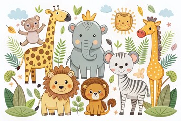 Naklejka premium Cute Safari Animals Doodle Illustration Featuring African Leopard, Giraffe, Elephant, Lion, Zebra in Silhouette Style for Kids' Decor and Educational Materials