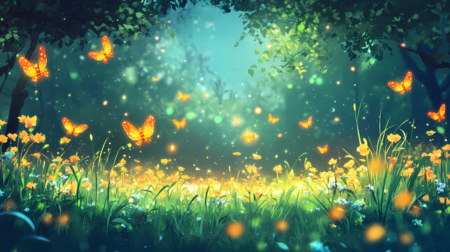 Glittering firefly meadow cartoon background design. Glittering Firefly Meadow. Illustration