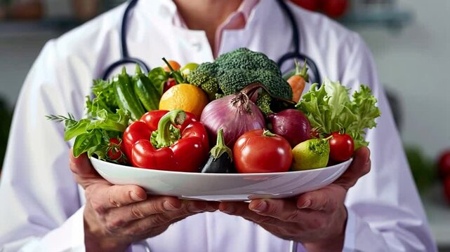 A healthcare professional stands in a kitchen, presenting a bowl filled with various fresh vegetables, emphasizing the importance of nutrition and healthy living.