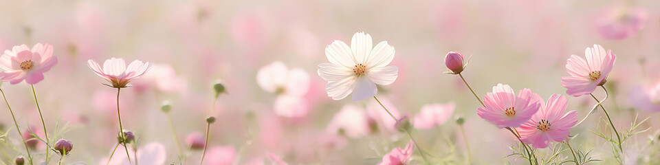 Obraz premium Ephemeral Flowerbed of Color: A field of delicate flowers in soft pastel hues, blowing gently in the breeze.