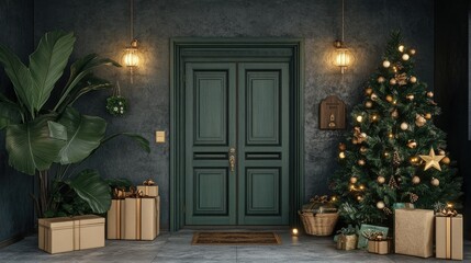Fototapeta premium Elegant Green Doorway Decorated for Christmas with a Beautiful Tree, Festive Gifts, and Lush Green Plants in an Inviting and Cozy Atmosphere