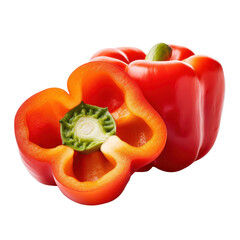 Vivid bell pepper cut in half, showcasing its bright color and crisp texture against a clean white backdrop.
