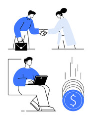 Handshake between two business people, individual working on laptop, and coins falling to signify economic success. Ideal for business, finance, teamwork, remote work, investment, economic growth