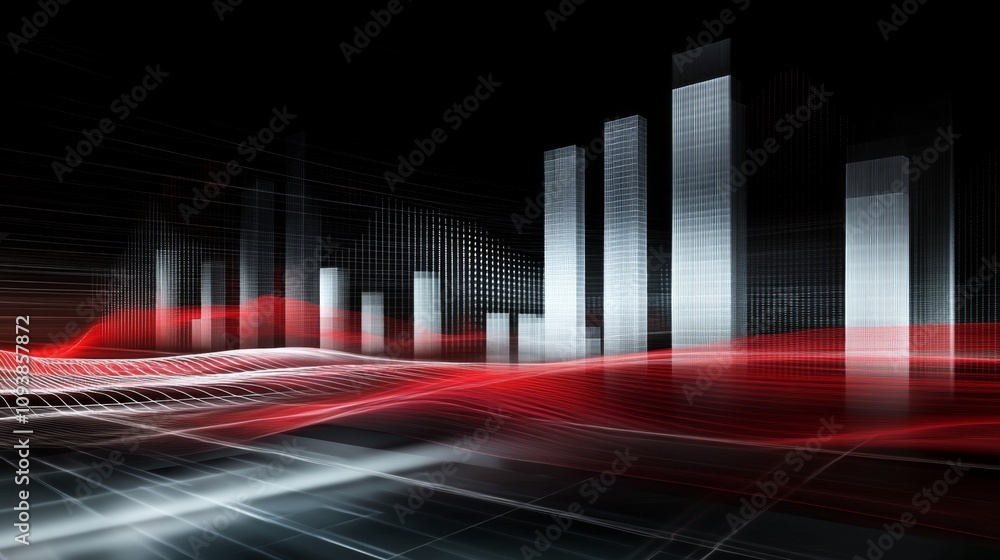 Poster abstract digital background featuring geometric graphs with red and white waves representing financi