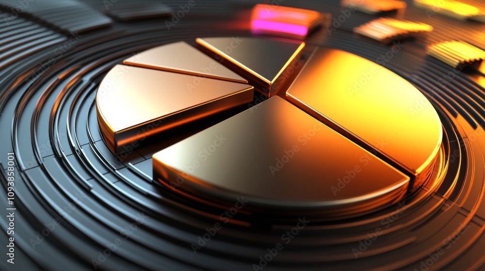 Fototapete metallic golden pie chart on circular surface with depth effects, reflective surfaces and layers, mo