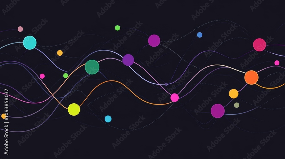 Poster abstract colorful wave pattern with circles and dots on dark background, creative digital art for mo