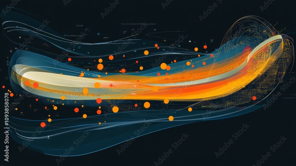 Poster abstract waves of colorful energy with dynamic patterns and shapes on dark background, representing 