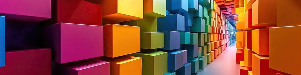 Obraz premium Geometric Gallery of Color: A room filled with solid-colored cubes, each facing a different direction to form patterns and designs.