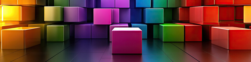 Geometric Gallery of Color: A room filled with solid-colored cubes, each facing a different direction to form patterns and designs.