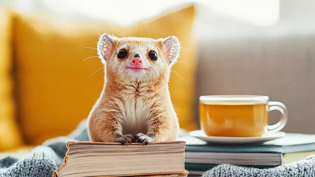A cute sugar glider sitting on books with a cup of tea