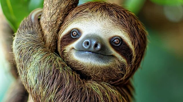 A cute sloth hanging on a tree branch
