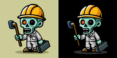 An illustration of zombie construction worker. Horror and spooky element. Halloween element design. Isolated on clear background. Vector Eps 10.