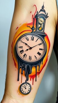 Surreal melting clock tattoo with vibrant colors and roman numerals