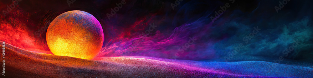 Aufkleber pulsating orb of color: a giant, illuminated ball, emitting a swirling array of hues, resting on a b
