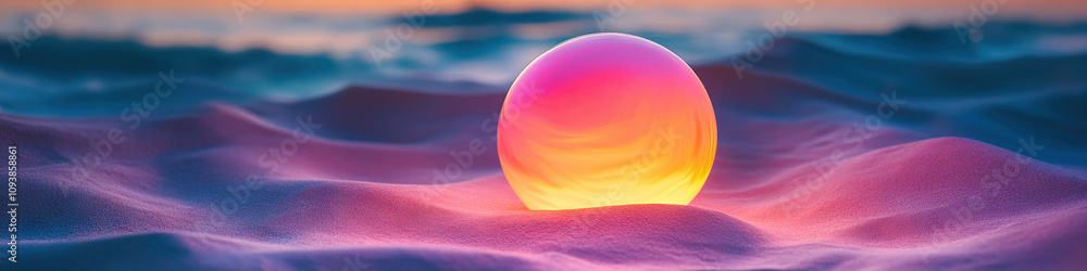 Poster pulsating orb of color: a giant, illuminated ball, emitting a swirling array of hues, resting on a b
