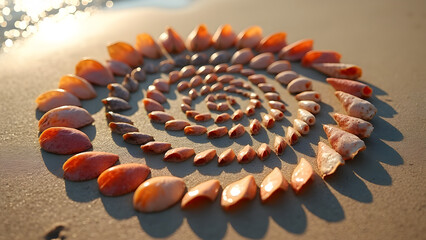 a pattern inspired by the ocean, using various types of seashells and marine textures arranged in a repetitive, circular design that evokes the rhythm of waves.