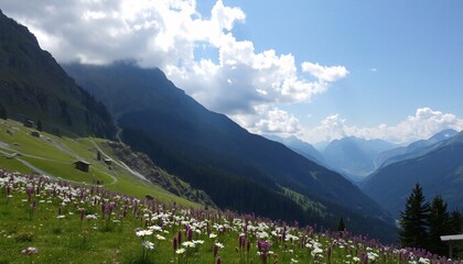 Mountainous landscape in the Alps with flower meadow in spring
