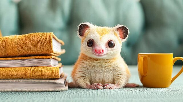 A cute sugar glider sits beside colorful books and a yellow cup
