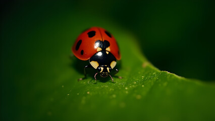 Fototapeta premium A realistic close-up photograph of a ladybug perched on a leaf in its natural environment. The photo should capture the intricate details of its face, antennae, and wings, with soft, natural lighting 