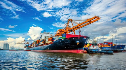 Fototapeta premium Wide shot of a harbor with multiple cargo ships, including a large container ship.