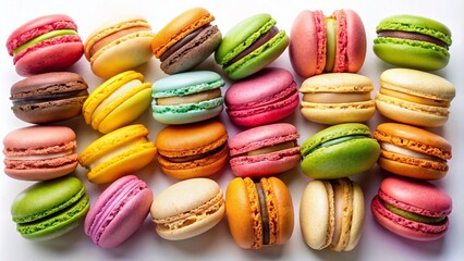 Delightful Colorful Macarons Displayed on a White Background for Menu Design, Featuring an Array of Flavors and Vibrant Colors in a Chic and Elegant Presentation