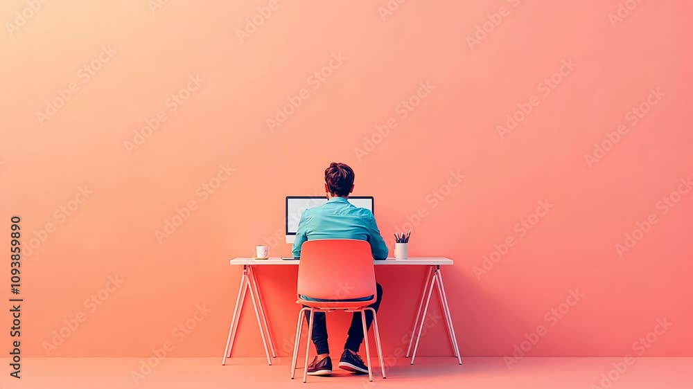 Poster a person working at a desk with a computer against a serene peach wall, themes of productivity and r