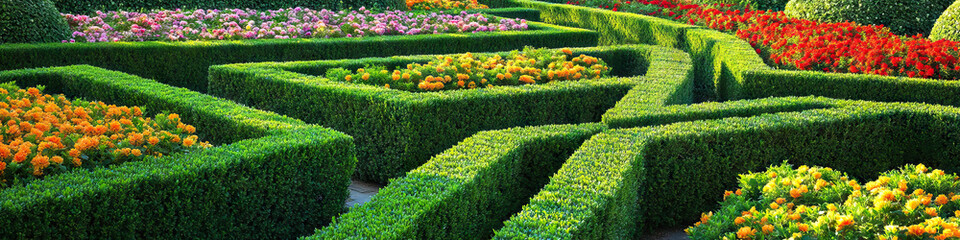 Geometric Garden: A perfectly manicured garden, filled with hedges shaped into various polygons and colorful flora arranged in grids.