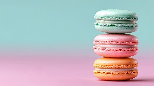 A colorful stack of macarons, featuring pastel shades of green, pink, and orange, dessert lovers 