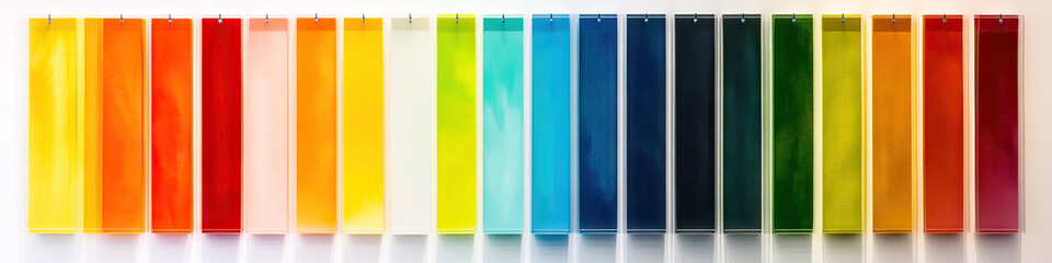 Harmonious Chromatic Composition: A series of monochromatic panels, each showcasing a different shade of the color spectrum, hung salon-style against a stark white wall.