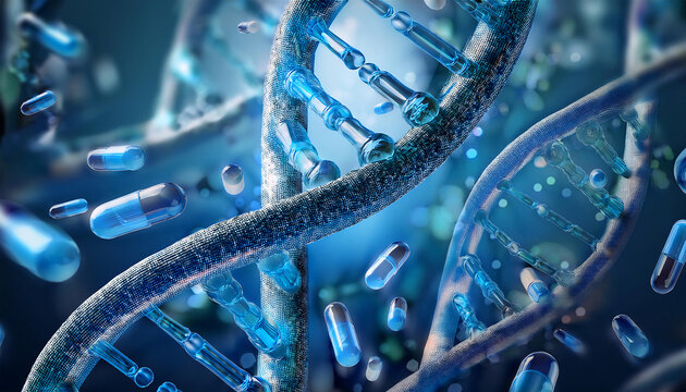A DNA double helix intertwines with pills, representing the concept of genetic medicine or personalized healthcare. Generative AI.