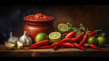 Vibrant Display of Fresh Ingredients with Red Chilies, Garlic, Limes, and Chili Paste in a Rustic Setting for Culinary Inspiration