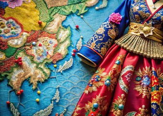 Fototapeta premium Detailed Fashion Photography of a World Map Highlighting South Korea’s Unique Cultural Elements and Textures for a Stylish Global Perspective