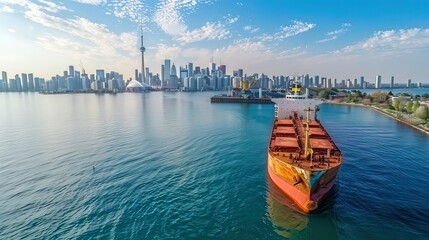 Naklejka premium Cargo ship moored at the harbor with a city skyline in the distance.