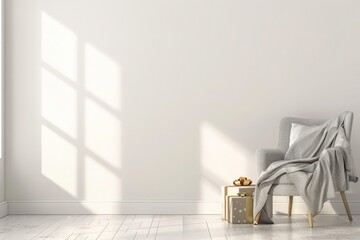 Obraz premium A cozy armchair with a soft blanket and pillows in a white room with two golden gifts in front