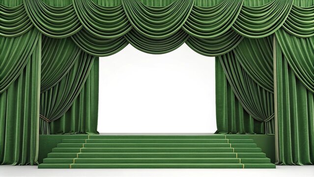 A tiered system of layered green curtains, artistic presentation, stage surround