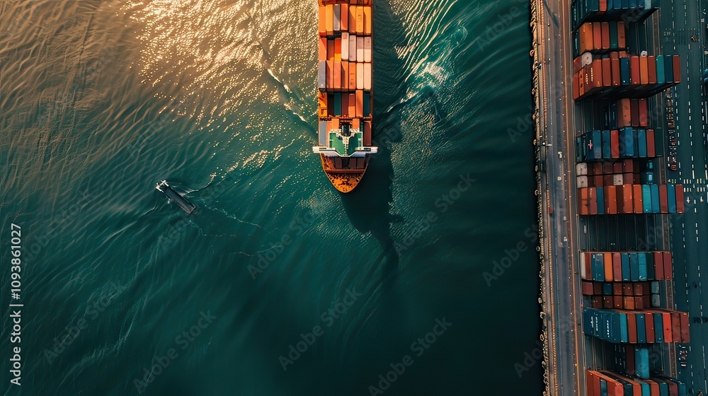 Poster container ship at the dock with containers being loaded/unloaded during the day.