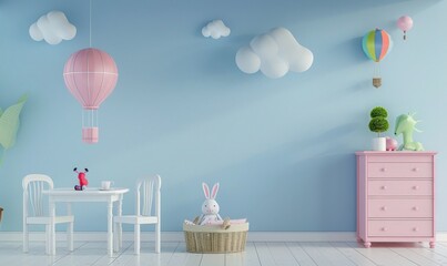 A light and airy nursery with a white chair, a pink dresser, and a blue wall with cute decorations like clouds and hot air balloons