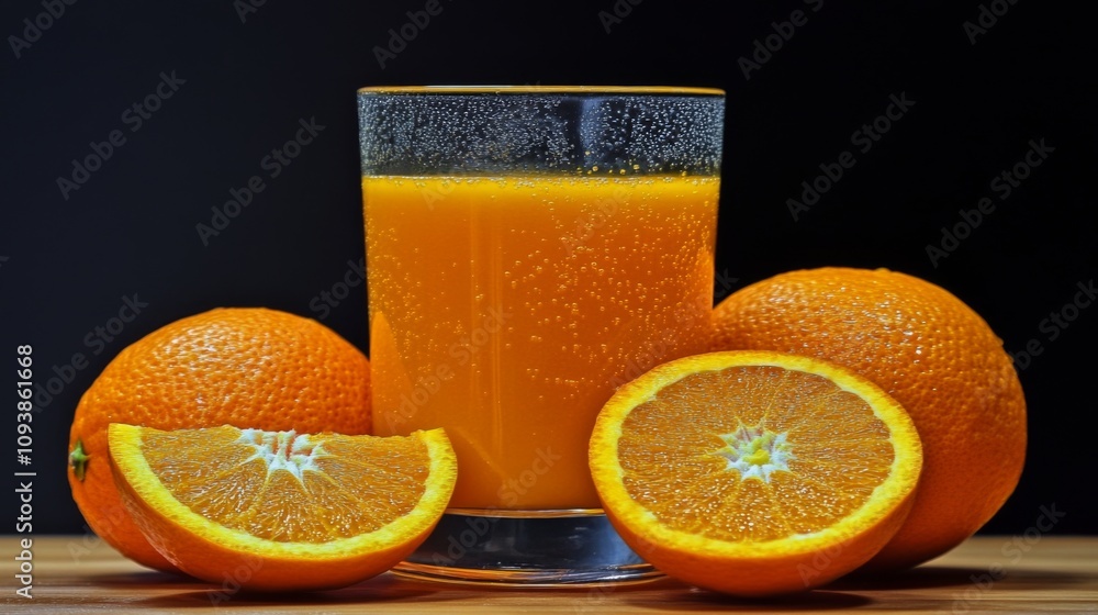 Poster refreshing orange juice in a glass surrounded by fresh oranges and sliced segments on a wooden table