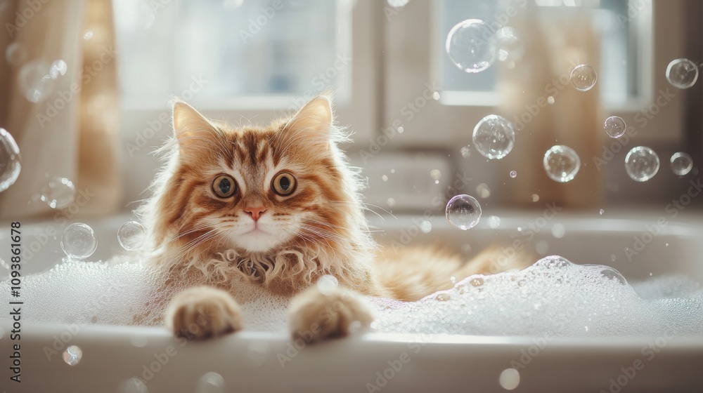 Poster adorable fluffy orange cat relaxing in a bubble-filled bathtub with playful bubbles floating in the 