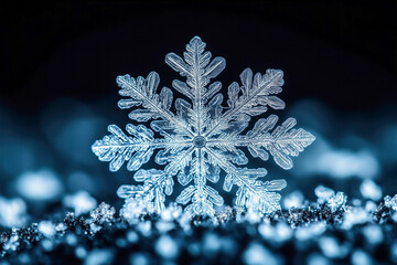 Close-up of an intricate snowflake on a dark backgrounds
