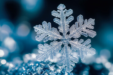Macro of intricate snowflake on dark background