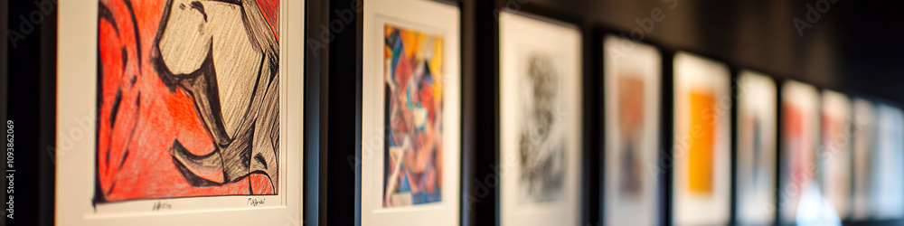 Aufkleber a row of framed drawings, each using only one color, with shadows cast from a nearby light source.