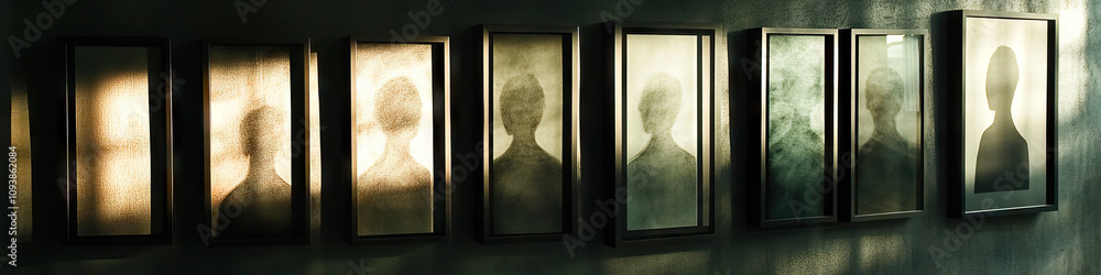 Aufkleber a row of framed drawings, each using only one color, with shadows cast from a nearby light source.