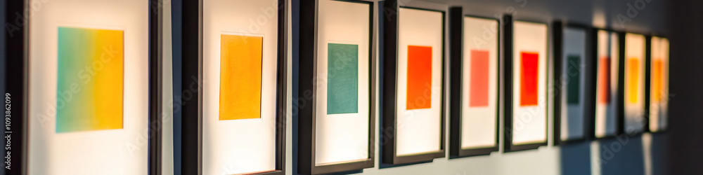 Aufkleber a row of framed drawings, each using only one color, with shadows cast from a nearby light source.