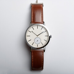 Analog watch with leather strap, photographed from a top angle on a white flat surface