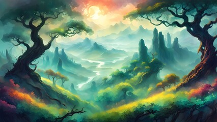 Serene fantasy landscape with misty mountains, winding river, and lush green valley, viewed from between two ancient trees at sunset.