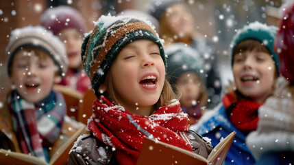 Joyful Children Singing Carols in Snowy Winter Wonderland