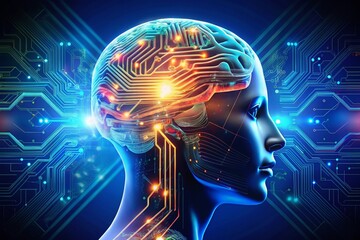 Documentary Photography of an Electronic Brain and AI Concept Featuring a Digital Brain and Human Head Outline from Circuit Board on a Dark Blue Background